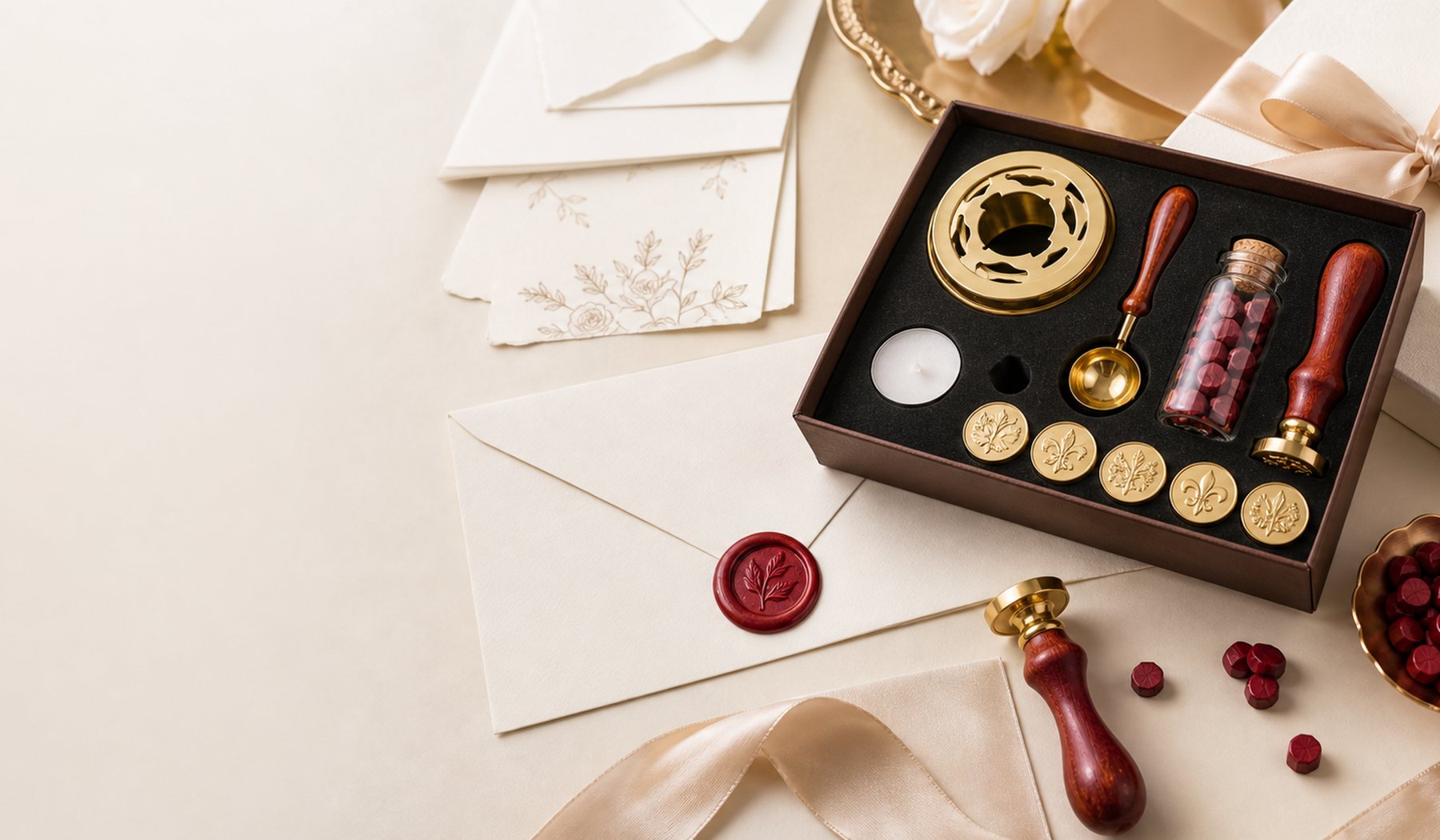 Wax seal gift set arranged with stationery and ribbon